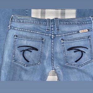 Frankie B Jeans “For Planet Funk” size 6 light wash jeans low rise flare leg